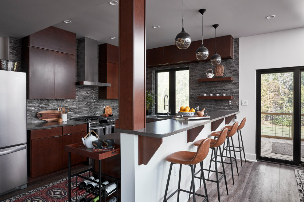 Design ideas for a small contemporary u-shaped kitchen/diner in DC Metro with flat-panel cabinets, engineered stone countertops, grey splashback, stainless steel appliances, no island, brown floors, grey worktops, dark wood cabinets, mosaic tiled splashback and dark hardwood flooring.