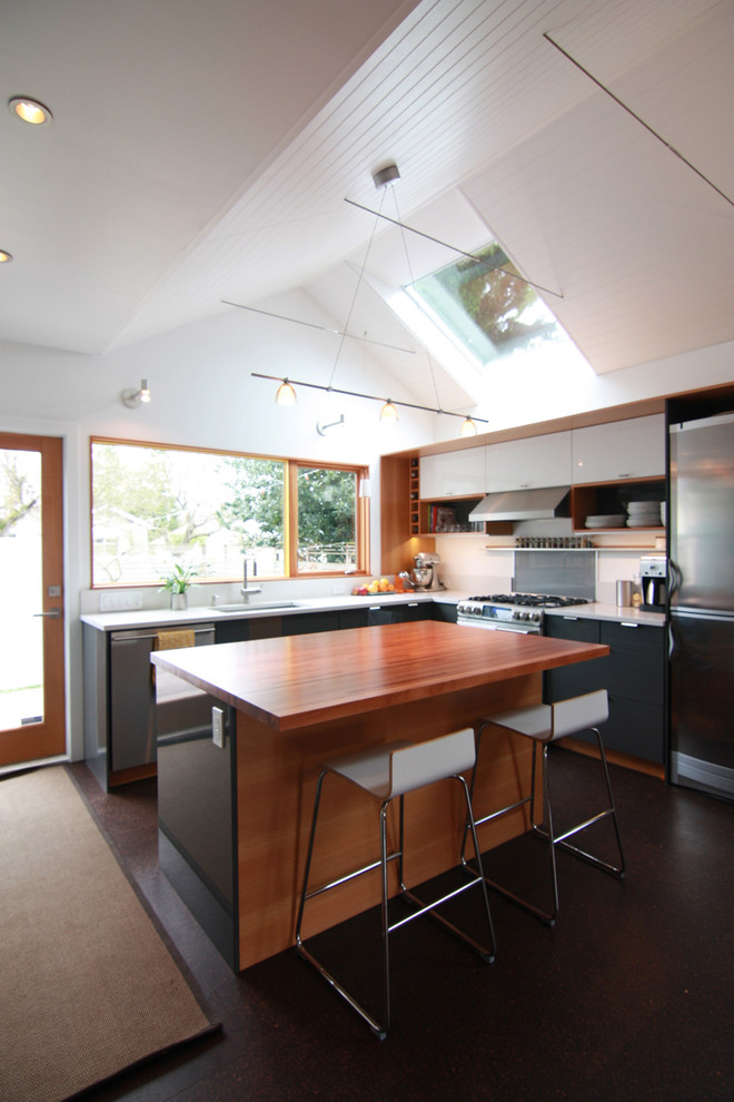 Photo of a modern kitchen in Seattle with stainless steel appliances, wood worktops, flat-panel cabinets and grey cabinets.