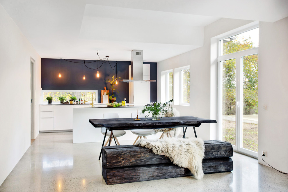 Стильный дизайн: большая параллельная кухня в скандинавском стиле с обеденным столом, плоскими фасадами, островом, белой техникой, бетонным полом и черно-белыми фасадами - последний тренд