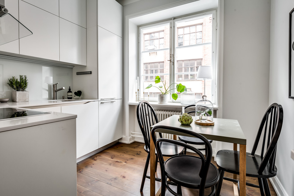 Bild på ett litet skandinaviskt kök, med en enkel diskho, släta luckor, vita skåp, integrerade vitvaror, mellanmörkt trägolv och brunt golv
