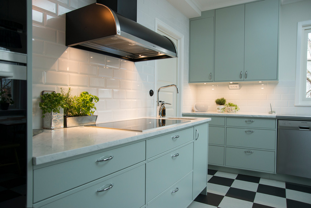 Inspiration for a medium sized midcentury l-shaped enclosed kitchen in Other with a single-bowl sink, green cabinets, marble worktops, white splashback, porcelain splashback, stainless steel appliances, lino flooring, no island, multi-coloured floors and flat-panel cabinets.