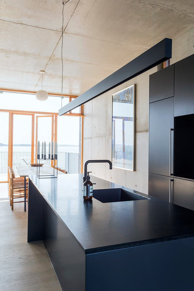 Cette photo montre une cuisine scandinave avec un placard à porte plane, des portes de placard noires, une crédence noire, un électroménager noir et îlot.