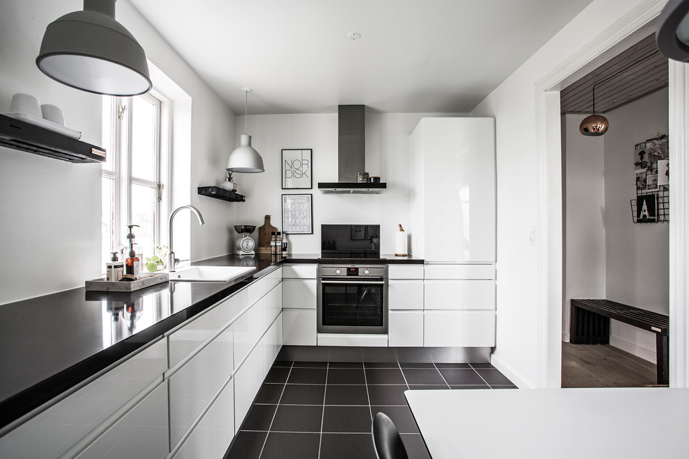 Diseño de cocina escandinava de tamaño medio sin isla con suelo de pizarra, suelo negro, fregadero encastrado, armarios con paneles lisos y con blanco y negro