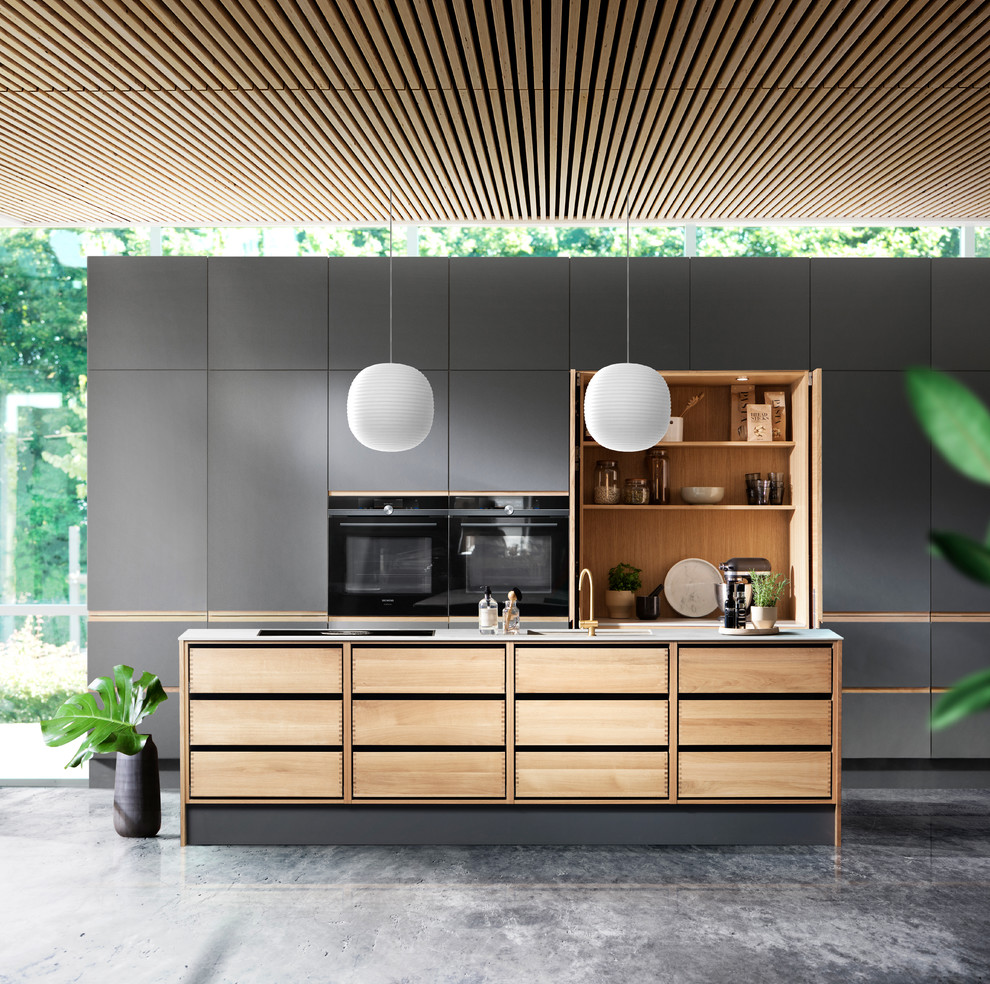 Diseño de cocina minimalista abierta con puertas de armario de madera clara y una isla