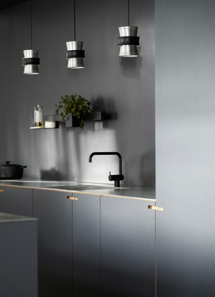 Medium sized scandinavian single-wall open plan kitchen in Copenhagen with black cabinets, stainless steel worktops and an island.