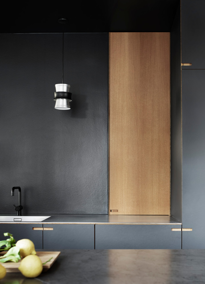 Aménagement d'une cuisine ouverte linéaire scandinave de taille moyenne avec des portes de placard noires, plan de travail en marbre et îlot.