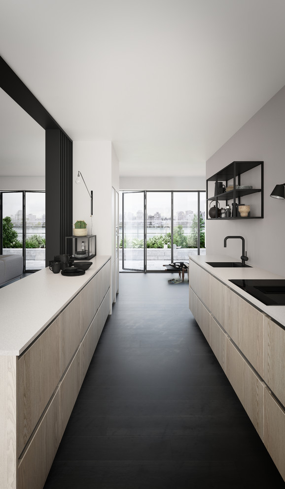 Стильный дизайн: прямая кухня-гостиная в скандинавском стиле с врезной мойкой, плоскими фасадами, техникой под мебельный фасад, деревянным полом, полуостровом, черным полом и черно-белыми фасадами - последний тренд