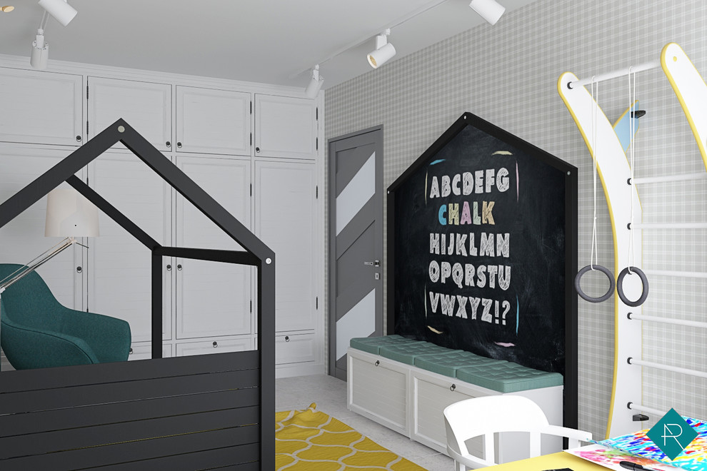 他の地域にある高級な中くらいな北欧スタイルのおしゃれな赤ちゃん部屋 (グレーの壁、コルクフローリング、男の子用) の写真