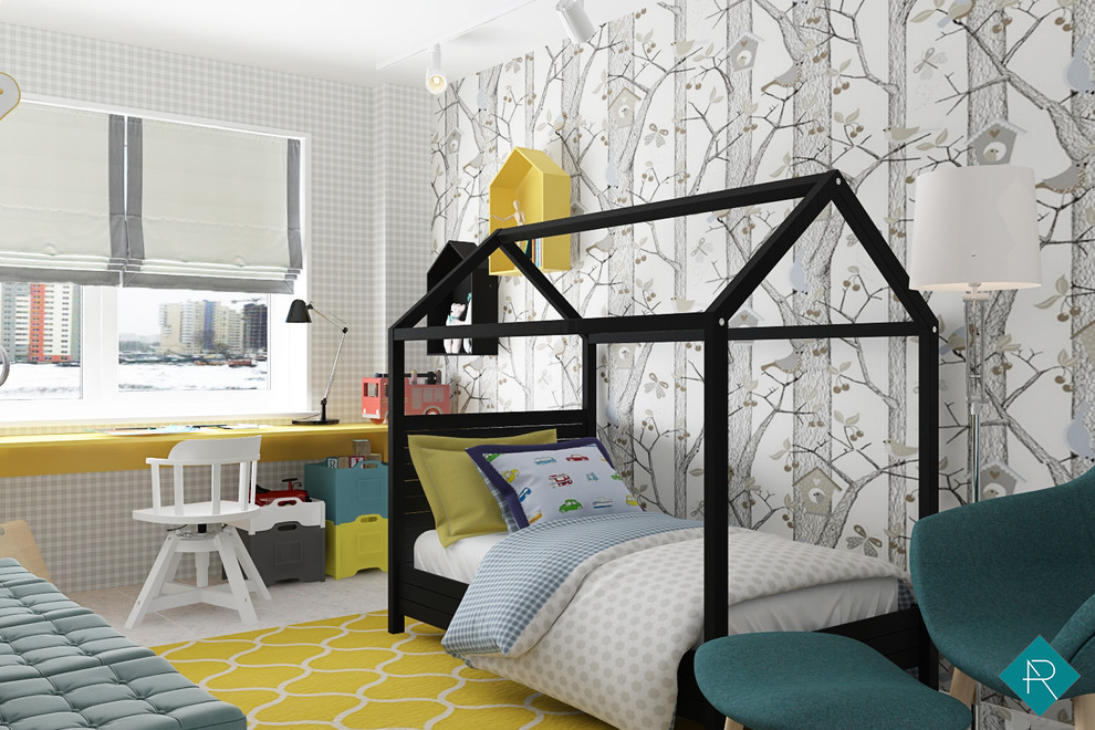Cette image montre une chambre de bébé garçon nordique de taille moyenne avec un mur gris et un sol en liège.