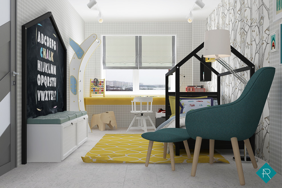 Inspiration for a medium sized scandi nursery for boys in Other with multi-coloured walls and porcelain flooring.