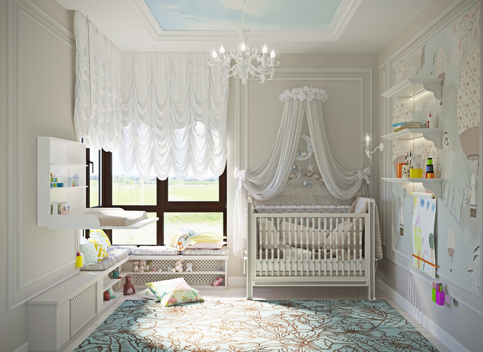Photo of a large classic nursery for girls in Other with beige walls, medium hardwood flooring and brown floors.