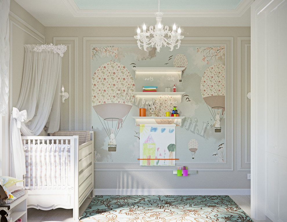 This is an example of a large classic nursery for girls in Other with beige walls, medium hardwood flooring and brown floors.