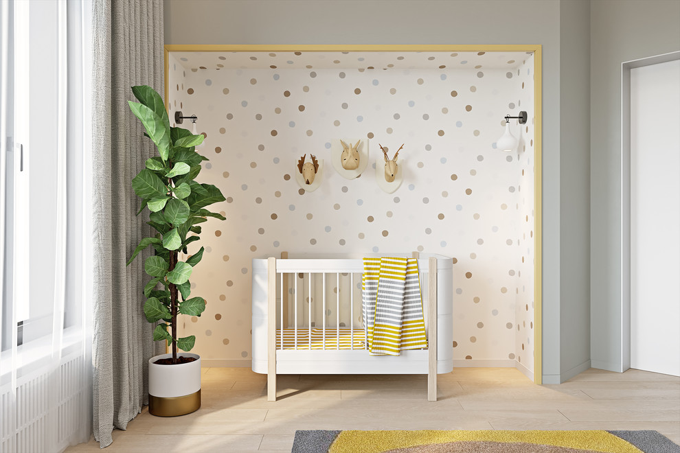 Стильный дизайн: большая нейтральная комната для малыша в современном стиле с белыми стенами, паркетным полом среднего тона и бежевым полом - последний тренд