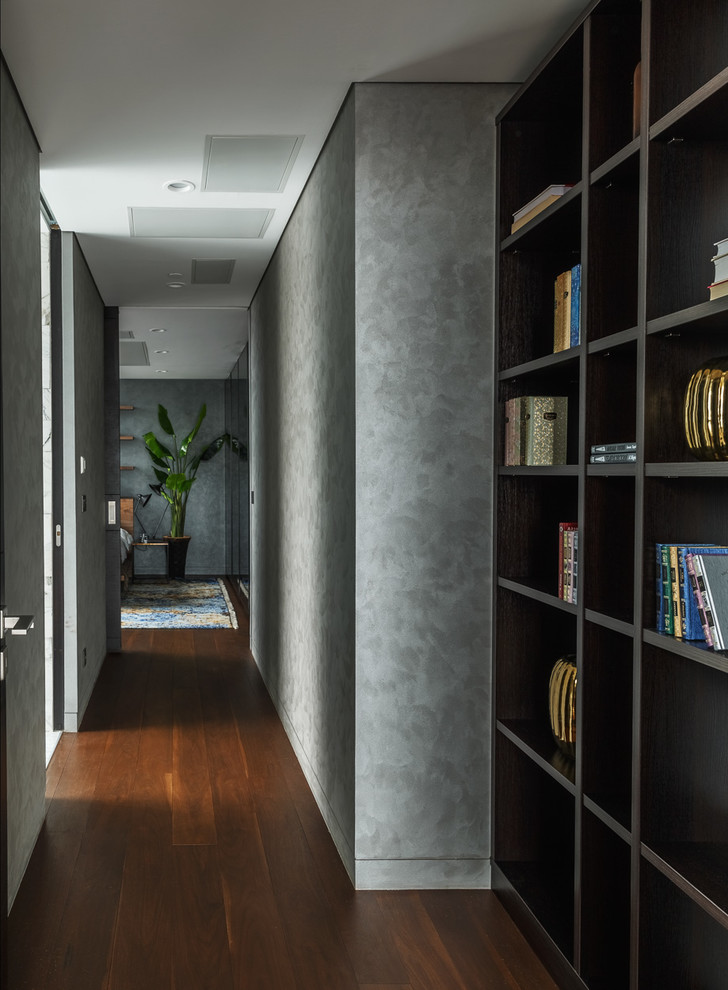 Источник вдохновения для домашнего уюта: коридор среднего размера в современном стиле с серыми стенами и паркетным полом среднего тона
