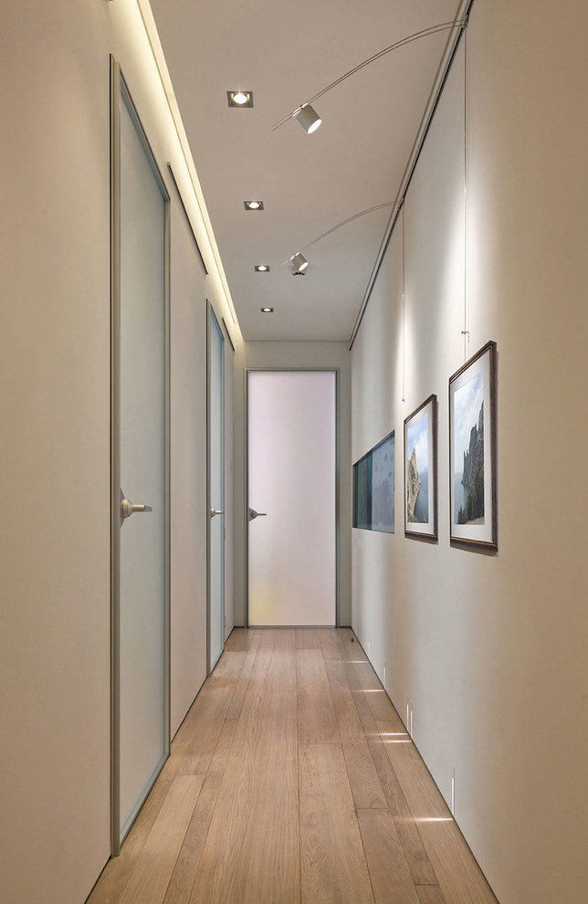 Foto de recibidores y pasillos actuales de tamaño medio con iluminación