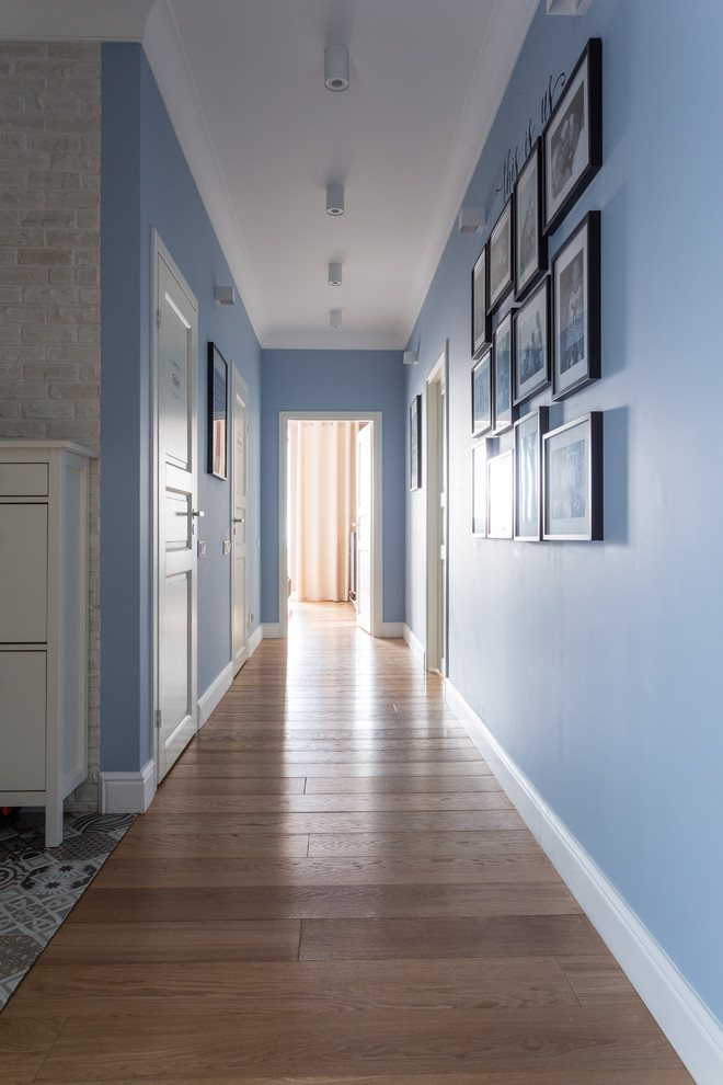 Inspiration för stora minimalistiska hallar, med blå väggar, mellanmörkt trägolv och beiget golv
