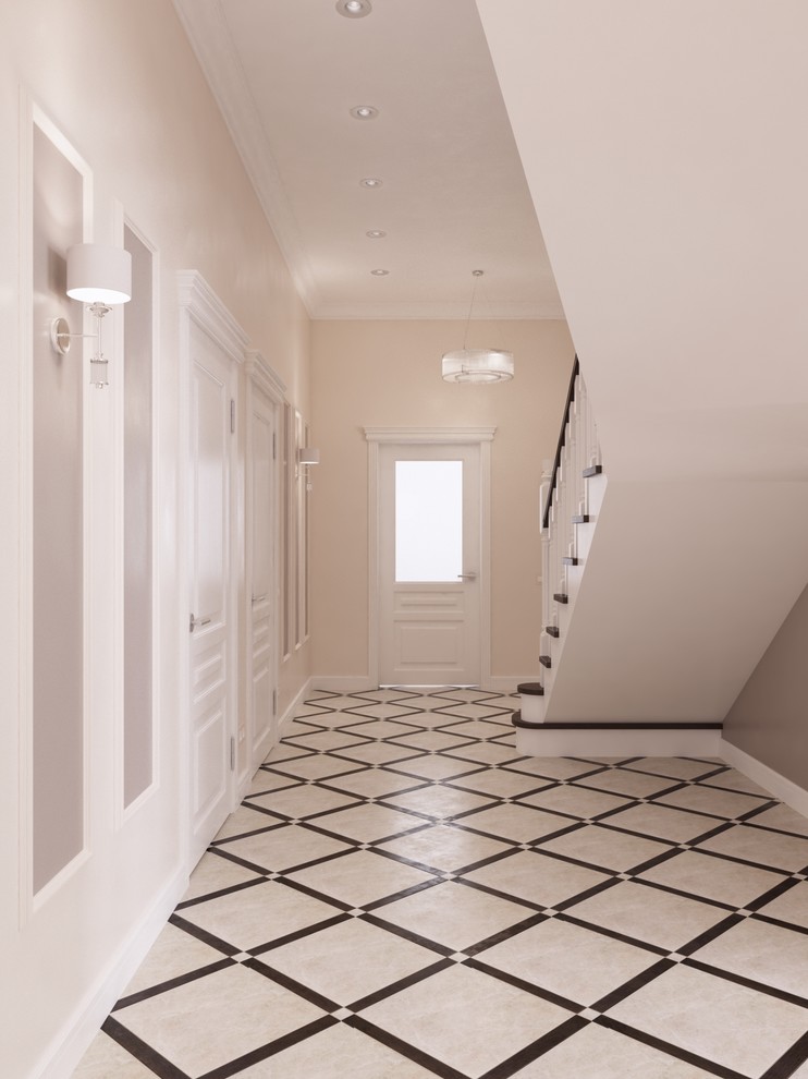 Пример оригинального дизайна: коридор среднего размера в стиле неоклассика (современная классика) с бежевыми стенами, полом из керамогранита и белым полом