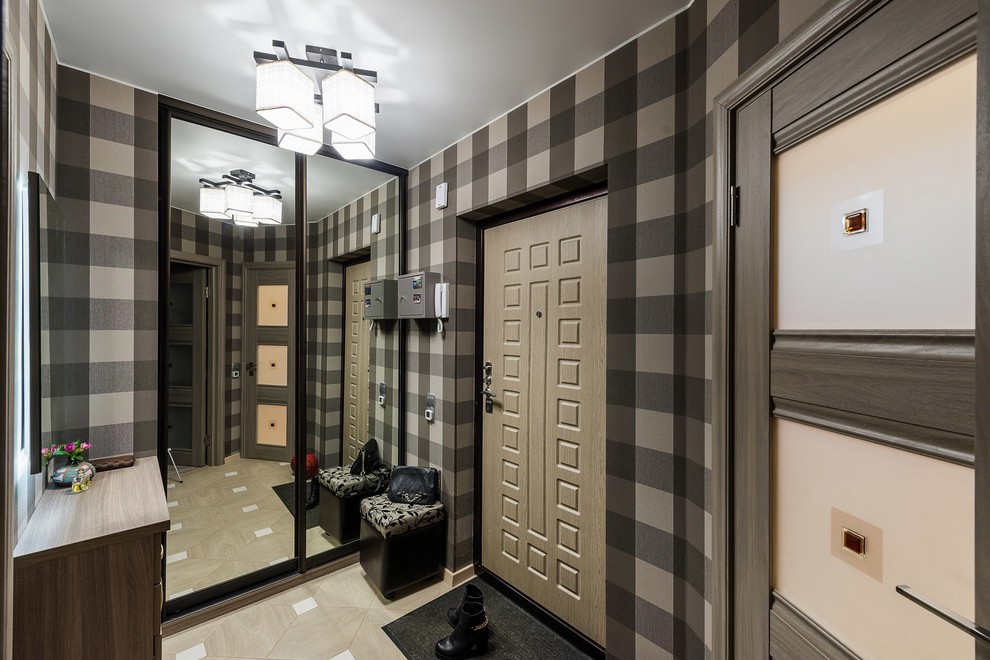 Example of a small trendy porcelain tile and white floor hallway design in Saint Petersburg with brown walls