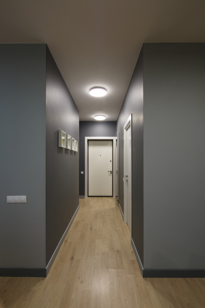 Diseño de recibidores y pasillos contemporáneos con paredes grises, suelo de madera clara, suelo beige y iluminación