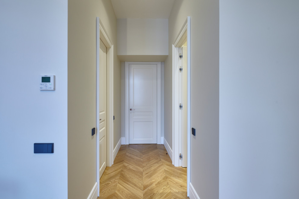 Пример оригинального дизайна: коридор среднего размера в стиле неоклассика (современная классика)