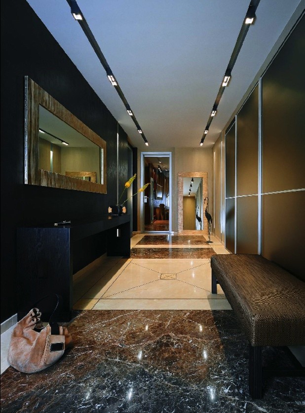 На фото: коридор среднего размера в стиле неоклассика (современная классика) с черными стенами, мраморным полом и черным полом