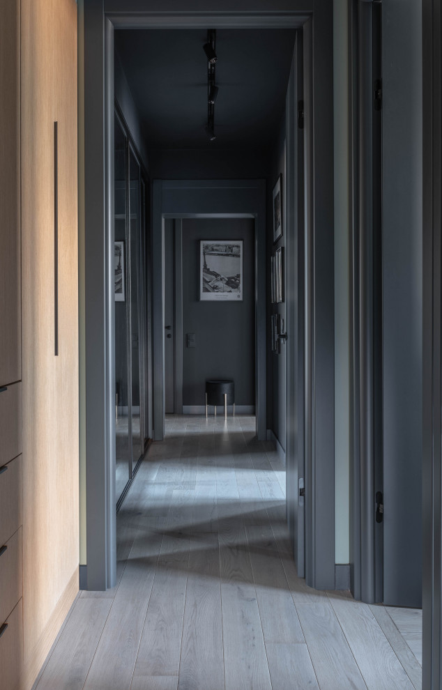 Свежая идея для дизайна: коридор среднего размера в скандинавском стиле с черными стенами и паркетным полом среднего тона - отличное фото интерьера