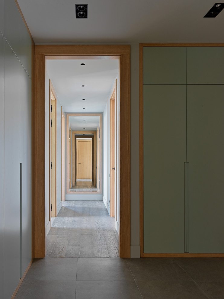 Источник вдохновения для домашнего уюта: коридор среднего размера в современном стиле с серыми стенами, паркетным полом среднего тона и коричневым полом