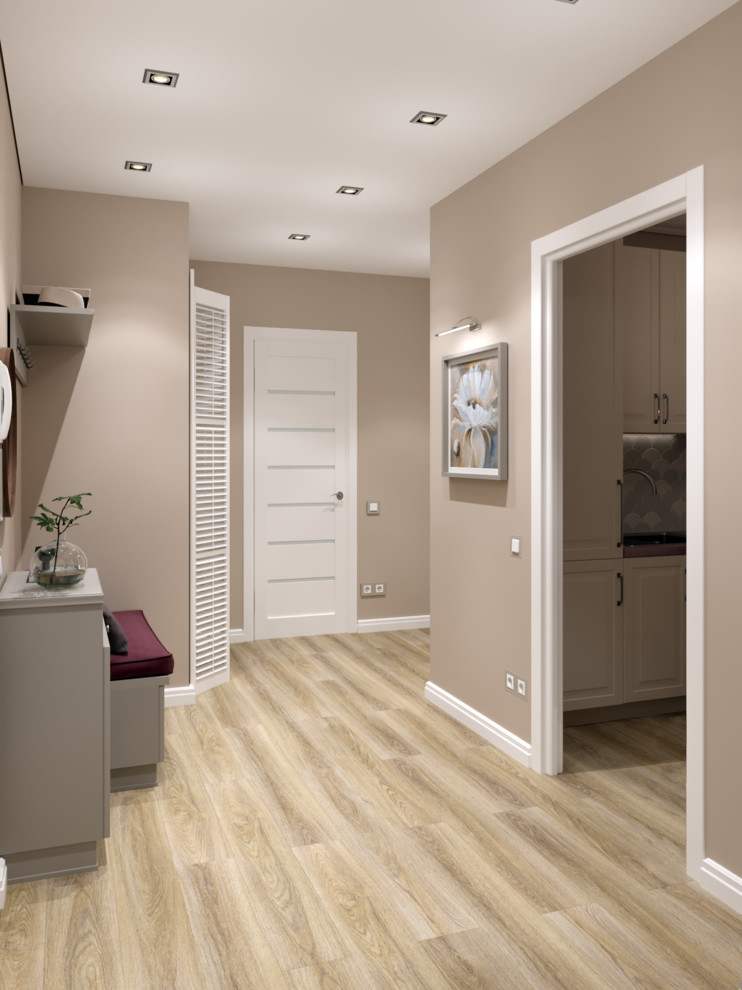 Источник вдохновения для домашнего уюта: коридор среднего размера в современном стиле с бежевыми стенами, полом из ламината и бежевым полом