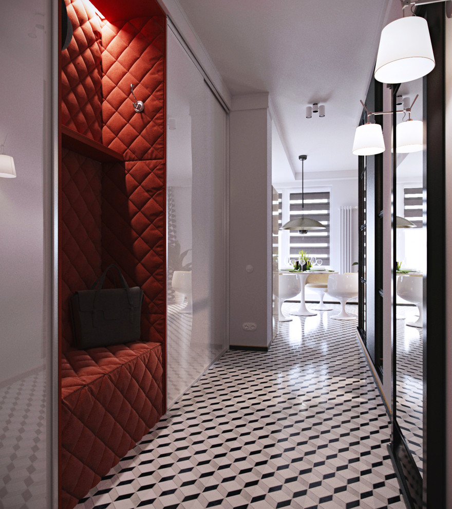 На фото: маленький коридор в стиле ретро с белыми стенами и полом из керамической плитки для на участке и в саду
