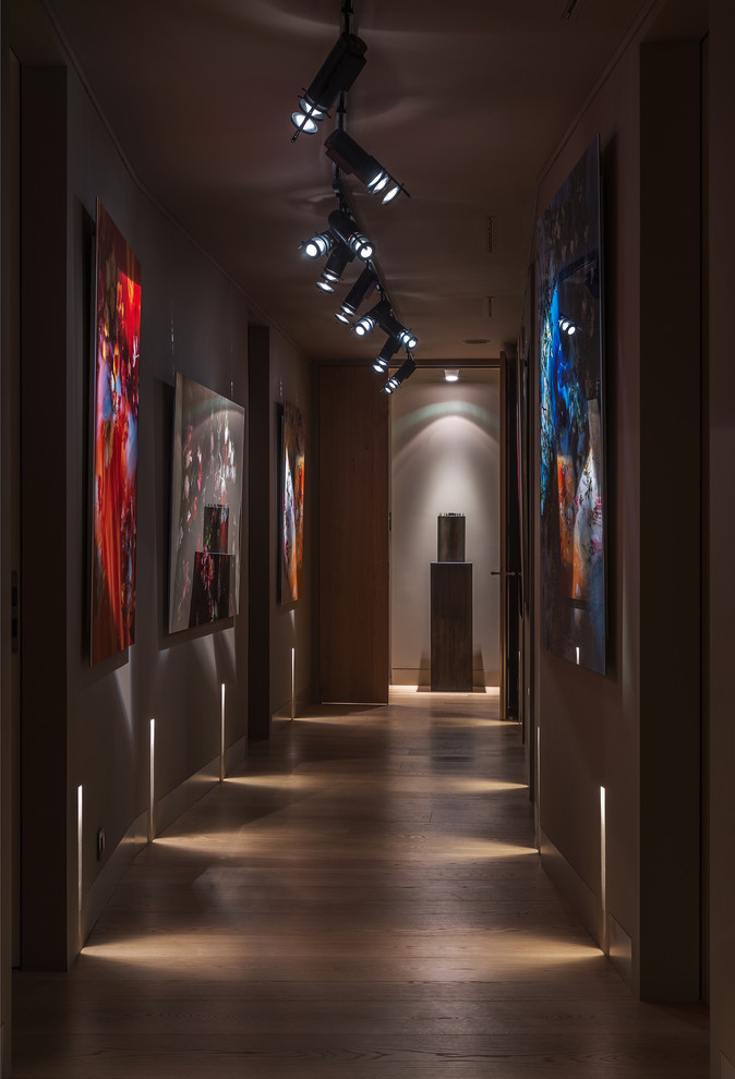 На фото: коридор: освещение в современном стиле с серыми стенами и паркетным полом среднего тона с