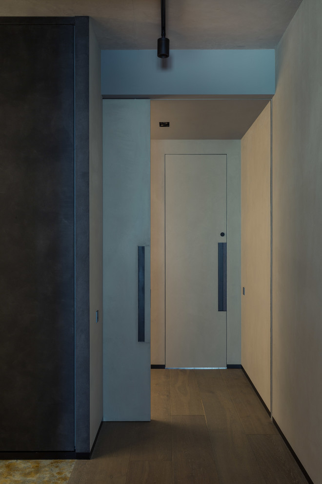 Idee per un ingresso o corridoio design di medie dimensioni con pareti grigie e pavimento in legno massello medio