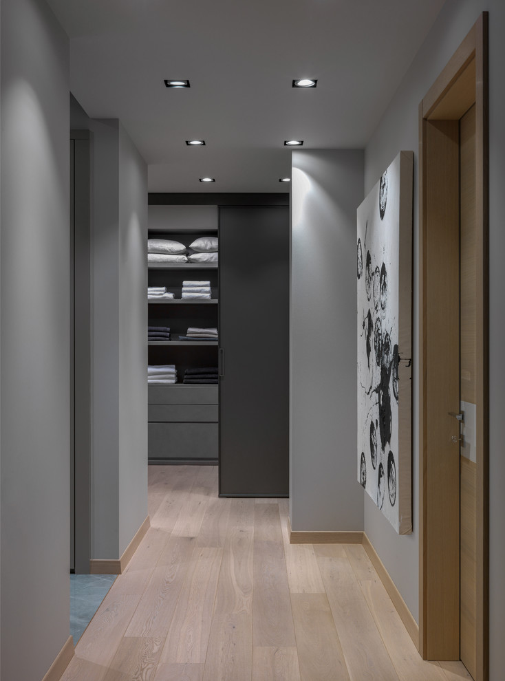 Inredning av en minimalistisk stor hall, med grå väggar, ljust trägolv och beiget golv