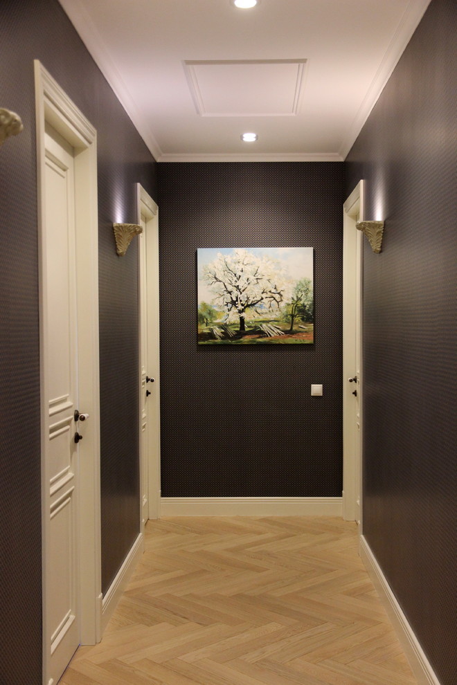 Hallway - small industrial medium tone wood floor and beige floor hallway idea in Novosibirsk with brown walls