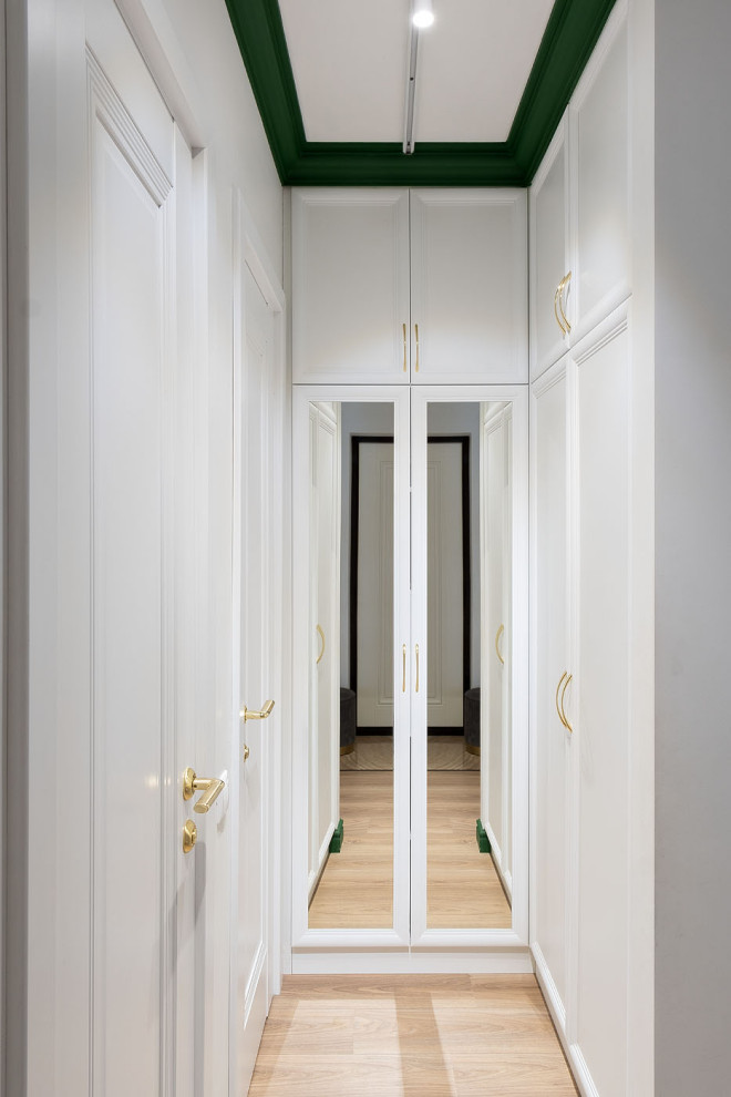 Idee per un piccolo ingresso o corridoio eclettico con pareti bianche, pavimento in laminato e pavimento multicolore