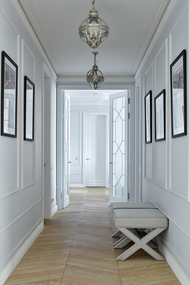 Traditional hallway in Moscow with grey walls.