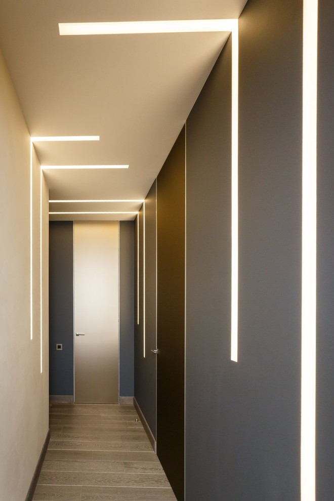 Cette image montre un couloir design avec un mur gris, parquet clair et un sol beige.