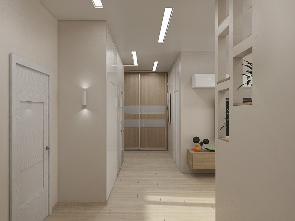 Idee per un ingresso o corridoio minimalista di medie dimensioni con pareti bianche
