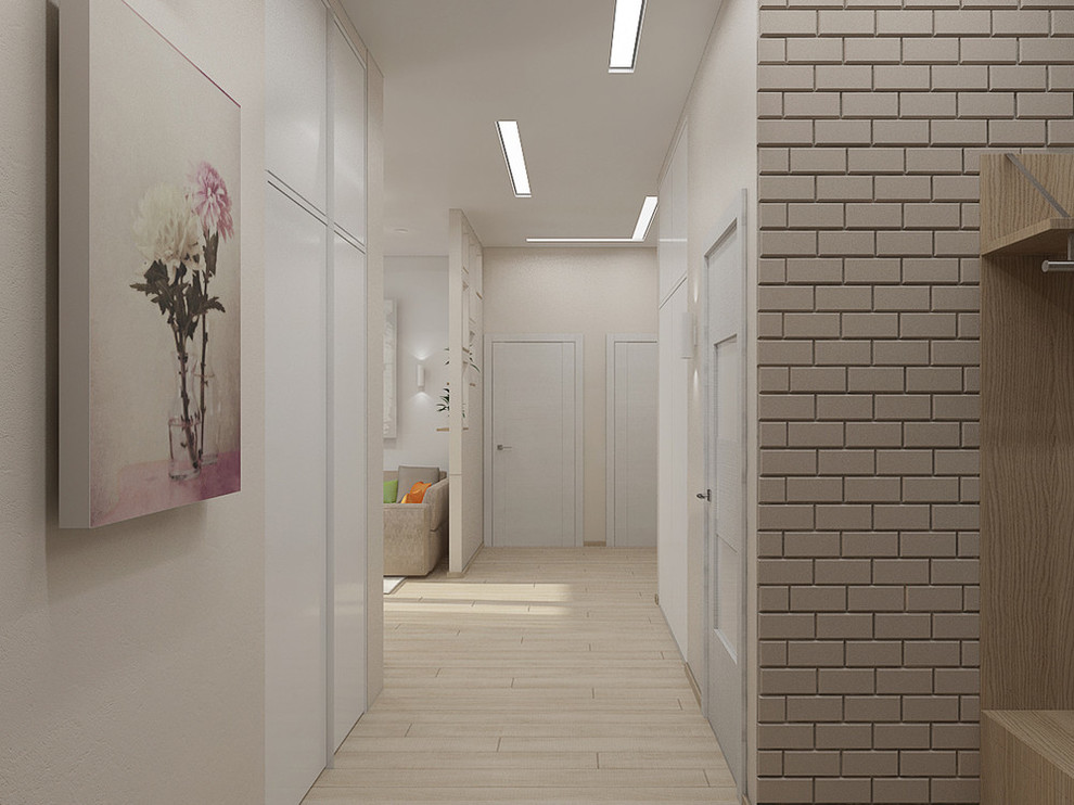 Cette photo montre un couloir moderne de taille moyenne avec un mur blanc.