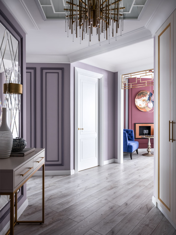Hallway - large contemporary light wood floor and beige floor hallway idea in Moscow with purple walls