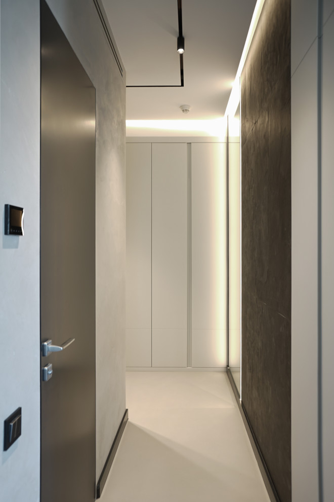 Esempio di un piccolo ingresso o corridoio design con pareti grigie, pavimento in cemento, pavimento grigio e soffitto ribassato