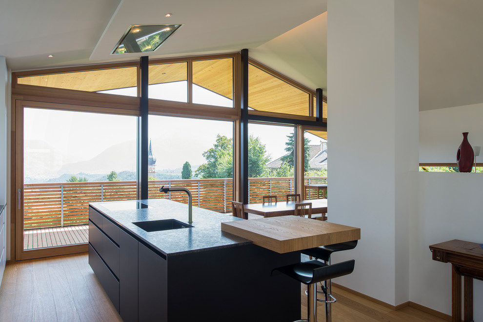 Immagine di una cucina moderna con lavello sottopiano, ante lisce, ante nere, elettrodomestici da incasso, pavimento in legno massello medio, pavimento marrone e top nero