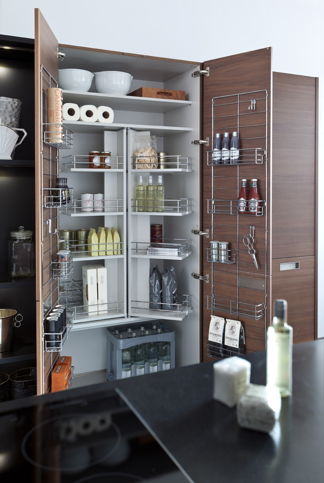 This is an example of a modern kitchen pantry in Stuttgart with flat-panel cabinets and dark wood cabinets.