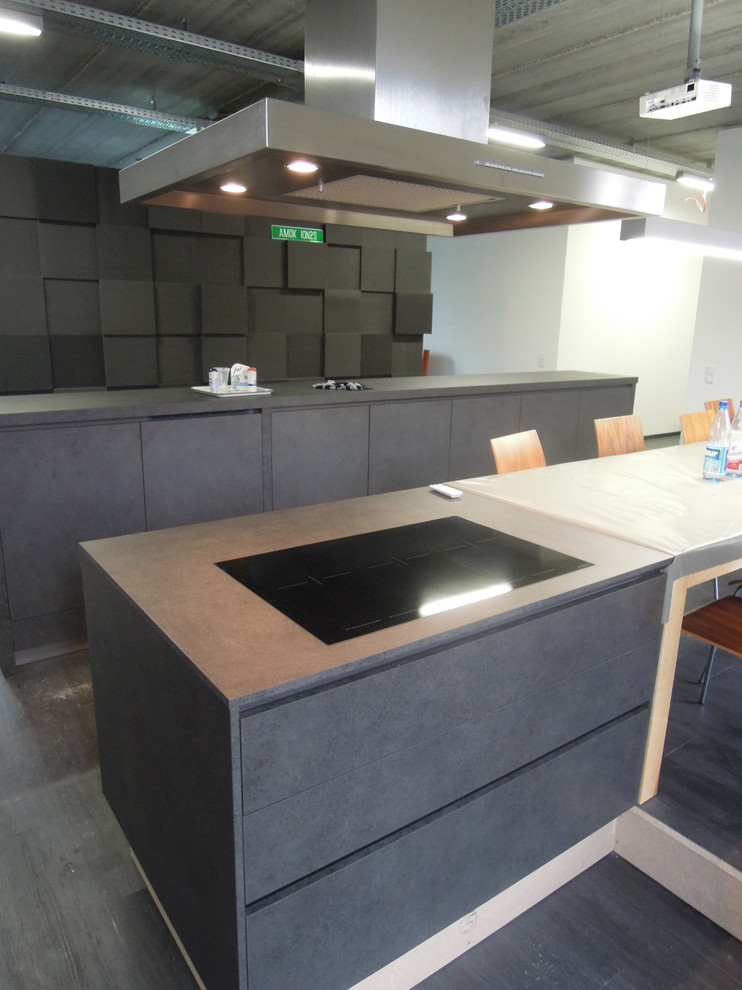 Modelo de cocina contemporánea abierta con puertas de armario grises, salpicadero negro, electrodomésticos negros, suelo de madera oscura y una isla