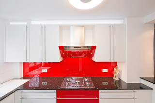 Facade of kitchen. Front view to red kitchen with appliances. 3d Stock  Photo by ©urfingus 109489924