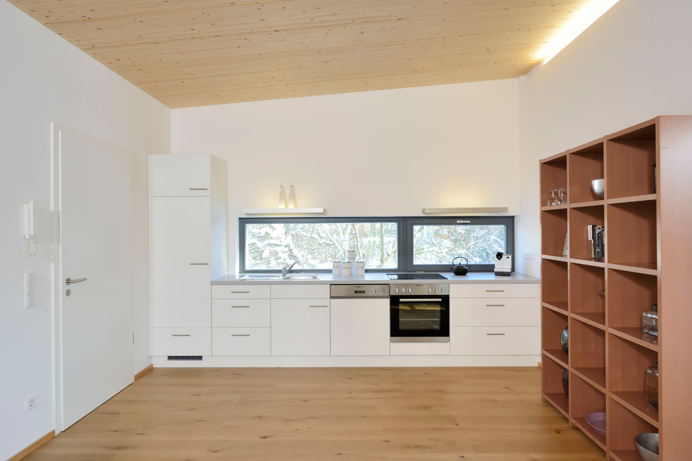 ミュンヘンにあるお手頃価格の小さな北欧スタイルのおしゃれなキッチン (白いキャビネット、シルバーの調理設備、無垢フローリング、アイランドなし、ドロップインシンク、フラットパネル扉のキャビネット、ガラス板のキッチンパネル) の写真