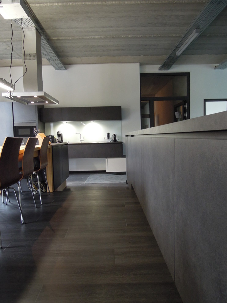 Moderne Küche mit grauen Schränken, Küchenrückwand in Weiß, Glasrückwand, Küchengeräten aus Edelstahl und Kücheninsel in Frankfurt am Main