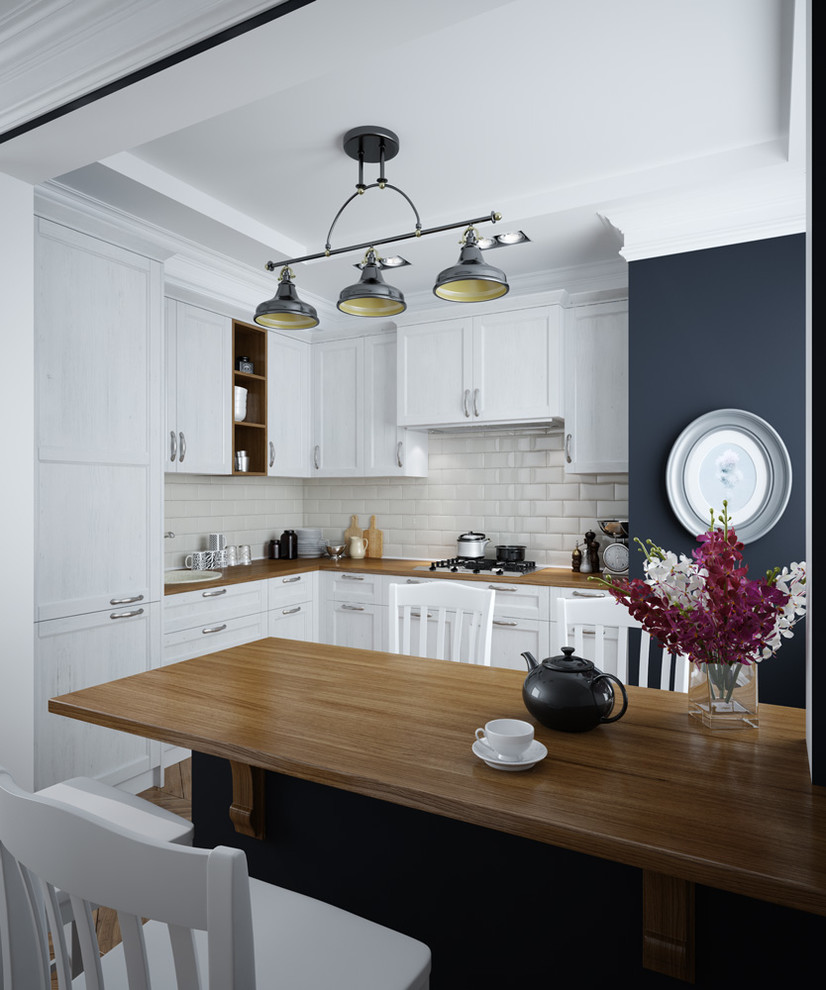 Inspiration for a small rural l-shaped enclosed kitchen in Bremen with a built-in sink, beaded cabinets, white cabinets, wood worktops, white splashback, medium hardwood flooring and no island.