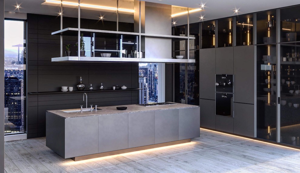 Photo of a contemporary u-shaped kitchen in Hanover with flat-panel cabinets, grey cabinets, black appliances, an island, grey floors and grey worktops.