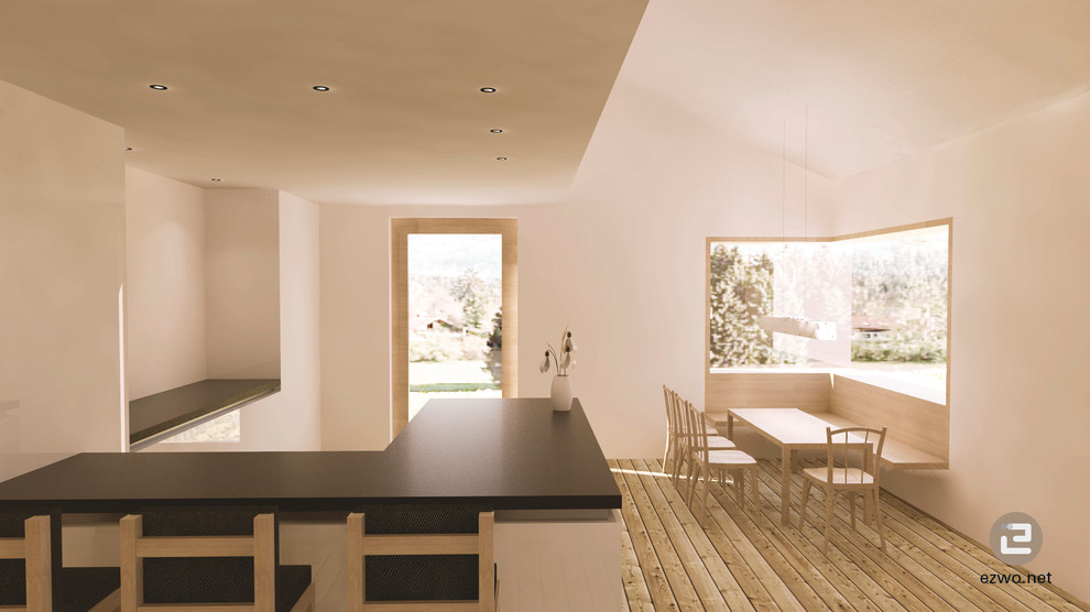 Imagen de cocinas en L de estilo de casa de campo de tamaño medio abierta sin isla con salpicadero blanco, suelo de madera pintada y suelo marrón
