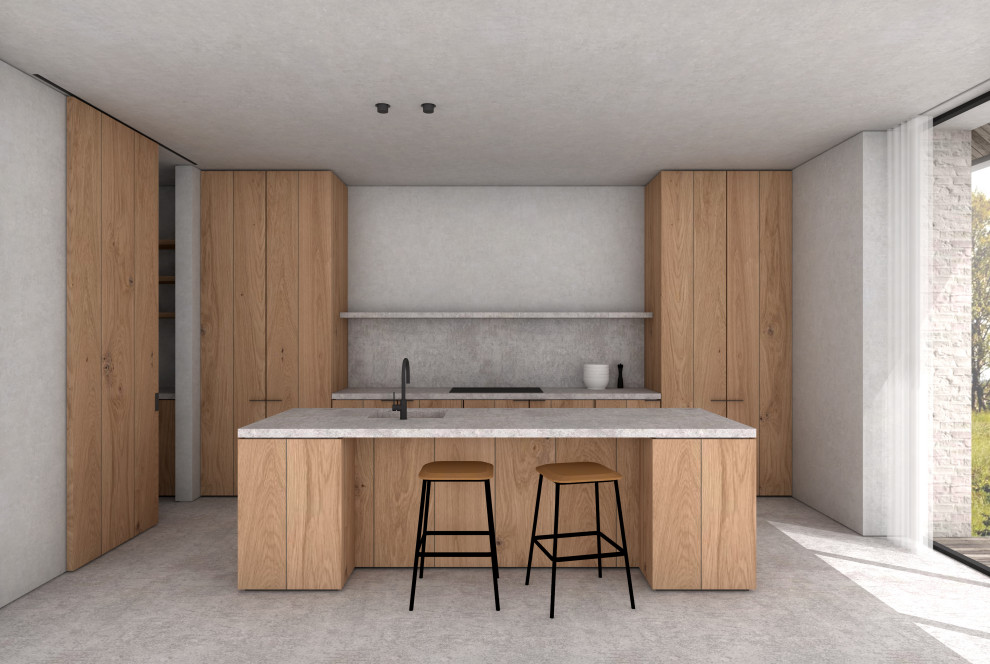 This is an example of a medium sized contemporary galley open plan kitchen in Munich with a submerged sink, flat-panel cabinets, medium wood cabinets, concrete worktops, beige splashback, concrete flooring, an island, beige floors and beige worktops.